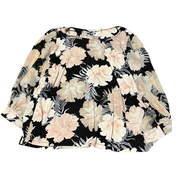 Calvin Klein Floral Blouse Semi Sheer 3/4 Sleeves Black and Cream Size 2X - Picture 4 of 6